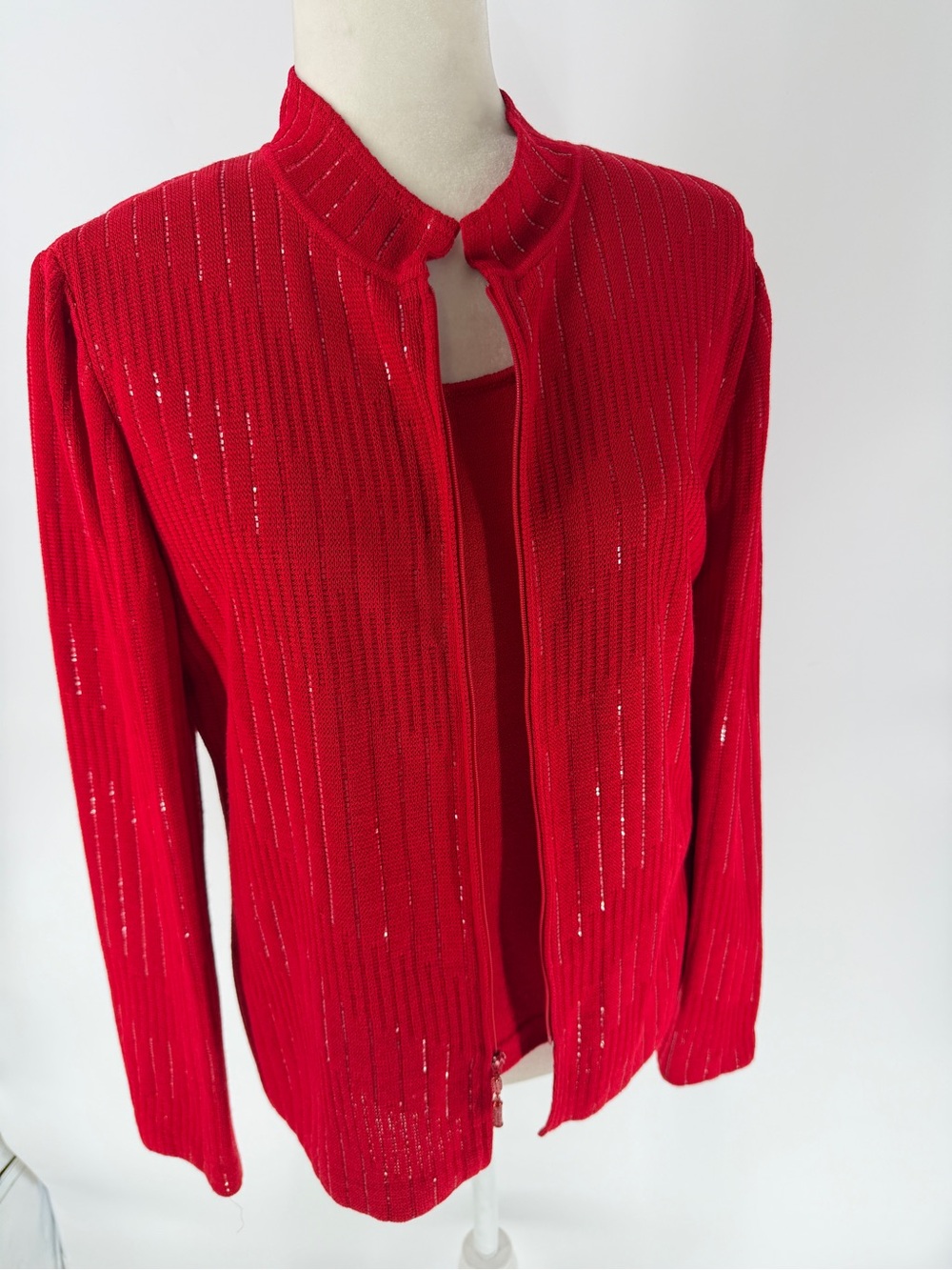 St. John Evening Red Sequin Jacket With Matching Knit Top Skirt & Pants Size 8